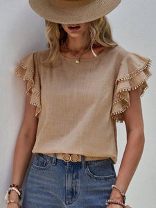 Casual Crew Neck Ruffle Batwing Short Sleeve Top: Khaki / L