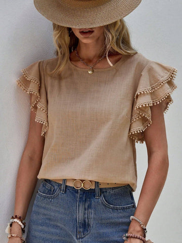 Casual Crew Neck Ruffle Batwing Short Sleeve Top: Khaki / S