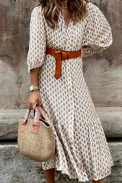 Belt waist print V-neck simple single-breasted long dress: KHAKI / (L) 1