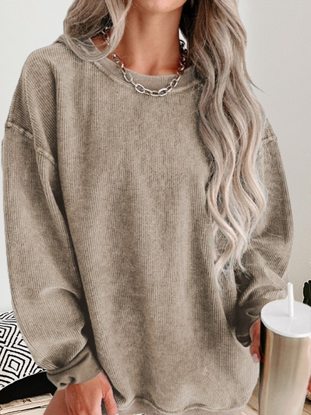 Round Neck Solid Ribbed Knit Pullover Sweatshirt: Khaki / 100%Polyester / M