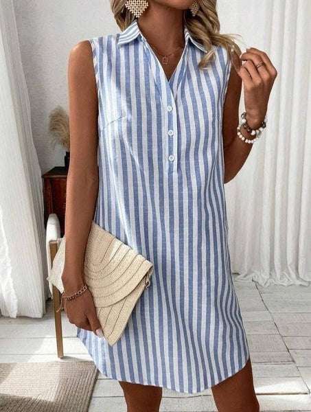 Sleeveless V Neck Button Down Striped Shirt Dress: Claret / S