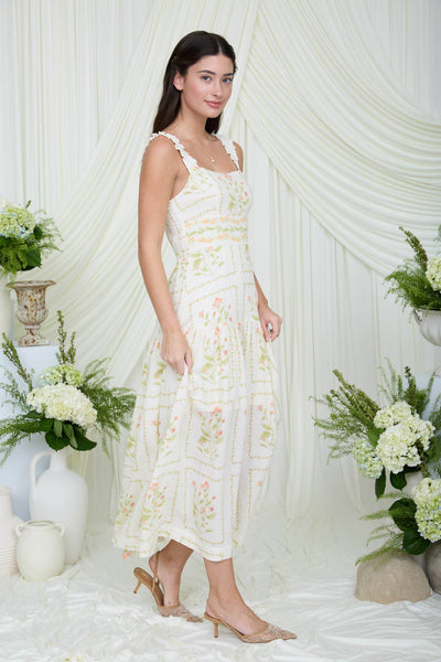 FLORAL DROP WAIST SLEEVELESS MIDI DRESS: CREAM MULTI