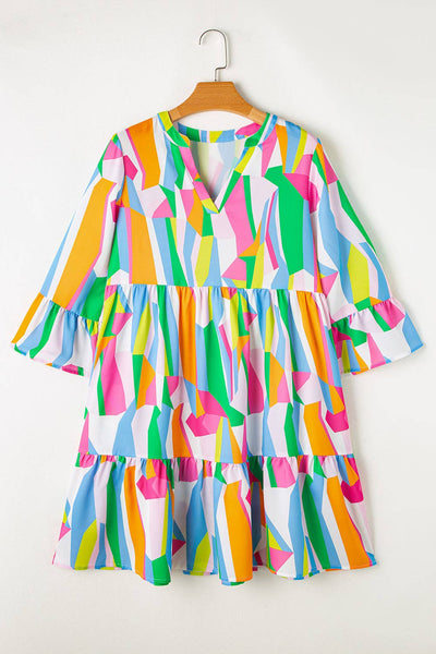 Green Abstract Print Ruffled Sleeve V Neck Dress: Green / 100%Polyester / XL