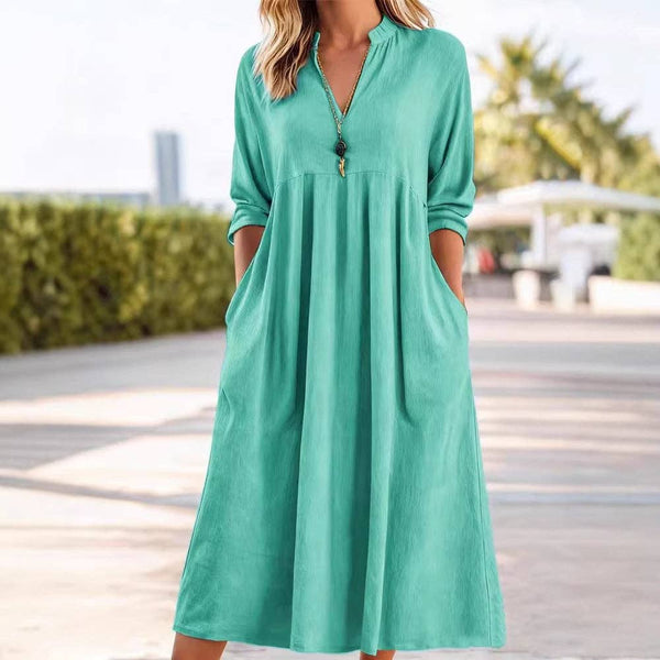 Solid Color Long Sleeve V Neck Pocket Dress: Khaki / L