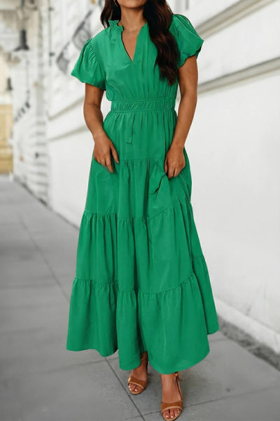 Solid V Neck Short Puff Sleeve Tiered Maxi Dress | S-XL: Bright Green / M