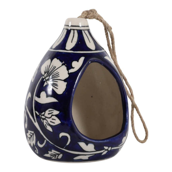 Bird Feeder - Blue/White Ceramic Teardrop Shape House, 12 in