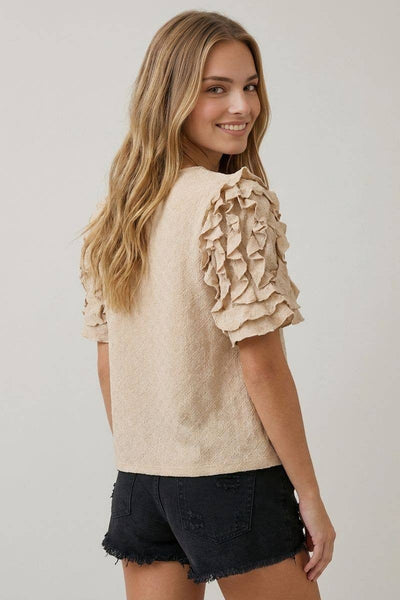 DIAMONT TEXTURED RUFFLE PUFF SLEEVE TOP - 46027T-1: COFFEE / Contemporary / S