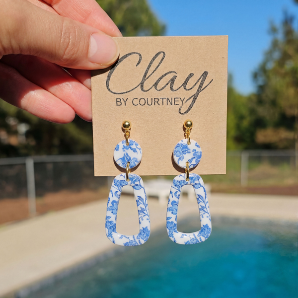 Blue Chinoiserie Polymer Clay Toile Dangle Earrings: 2
