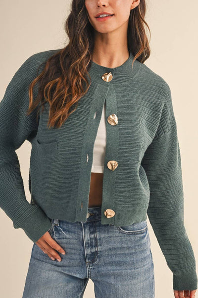 Ribbed Textured Sculpted Button Cropped Cardigan: TEAL / 2-2-2-2(S-M-L-XL)