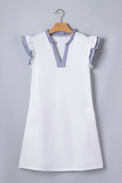 LDC Striped Patchwork Split Neck Ruffle Trim Dress: White / L