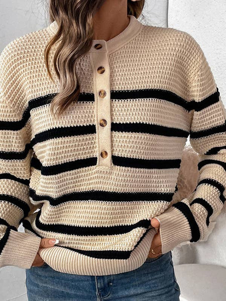 Striped Henley Open Knit Sweater: L