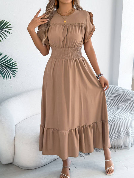 Smocked Waist Ruffle Sleeve Midi Dress: Black / S