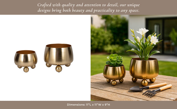 Plant Pot Set of 2 - Gold Metal Round with Ball Feet, 9/11in