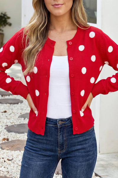 LDC Polka Dot Shift Long Sleeve Casual Sweater: Fiery Red / L