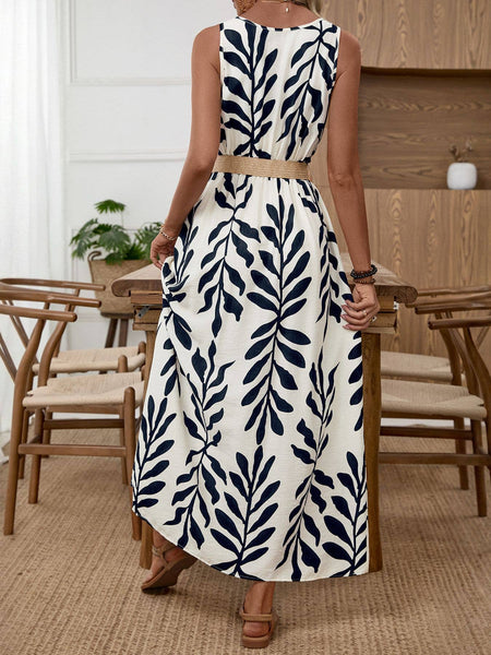 Sleeveless Printed Maxi Dress with Belt Button Front Detail Round Neck and Flowy Silhouette: Navy / Medium 8-10