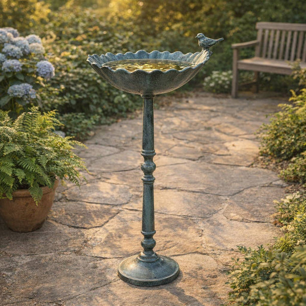 27x13" Bird On Flower Bird Bath Patina Finish, Mul