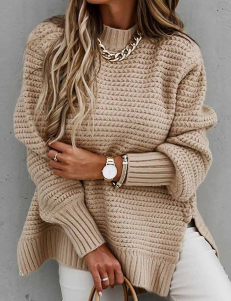 Ladies Solid Color Pullover Side Split Long Sleeves Sweater: Red / S