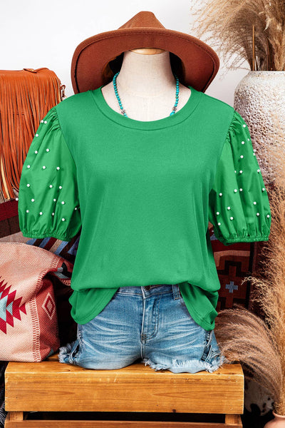 Fashion St. Patrick's Ribbed Pearl Beaded Puff Sleeve Top: Green / Missy / S