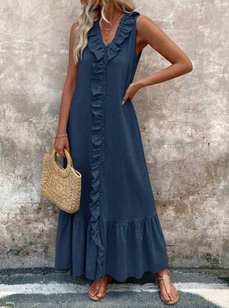 Solid-colored cotton V-neck loose wide-hem dress: DARKBLUE / (S) 1