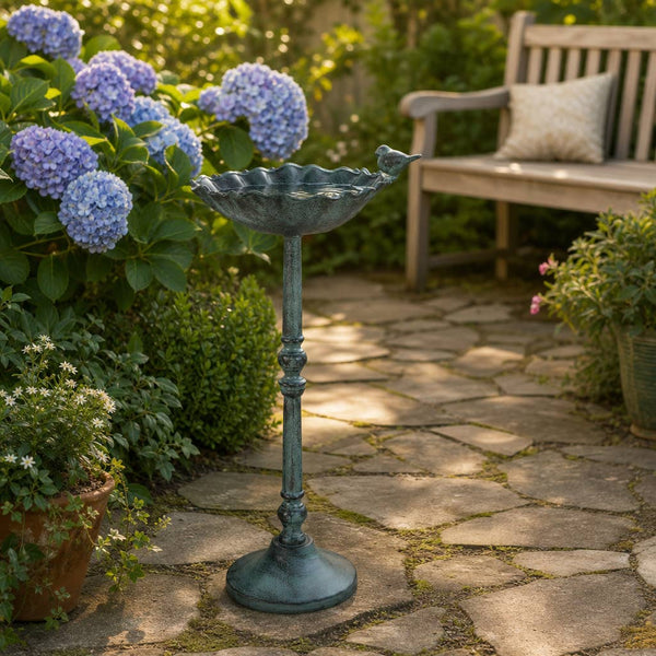 27x13" Bird On Flower Bird Bath Patina Finish, Mul