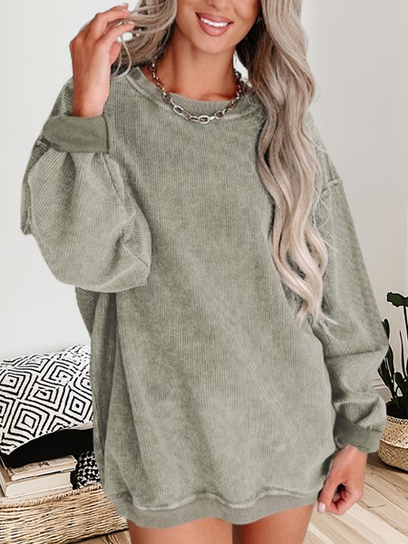 Round Neck Solid Ribbed Knit Pullover Sweatshirt: Khaki / 100%Polyester / L