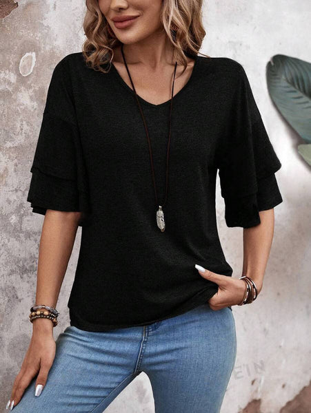 Womens Flutter Sleeve V Neck Summer Casual Blouse Top: Brown / 65%Rayon + 35%Polyester / XL