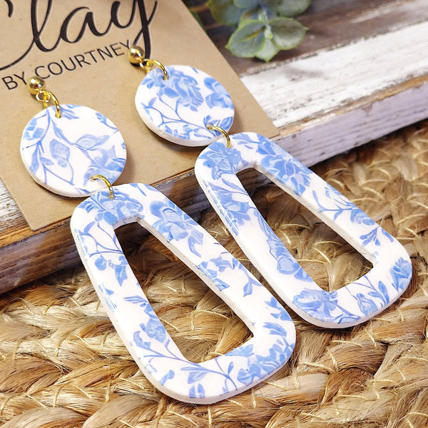 Blue Chinoiserie Polymer Clay Toile Dangle Earrings: 2