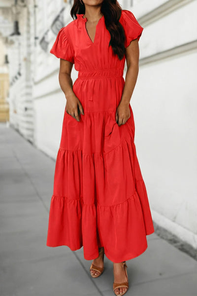 Solid V Neck Short Puff Sleeve Tiered Maxi Dress | S-XL: Bright Green / L
