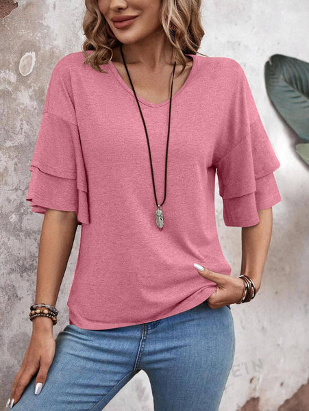 Womens Flutter Sleeve V Neck Summer Casual Blouse Top: Brown / 65%Rayon + 35%Polyester / XL
