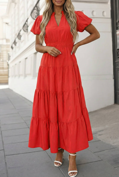Solid V Neck Short Puff Sleeve Tiered Maxi Dress | S-XL: Bright Green / L
