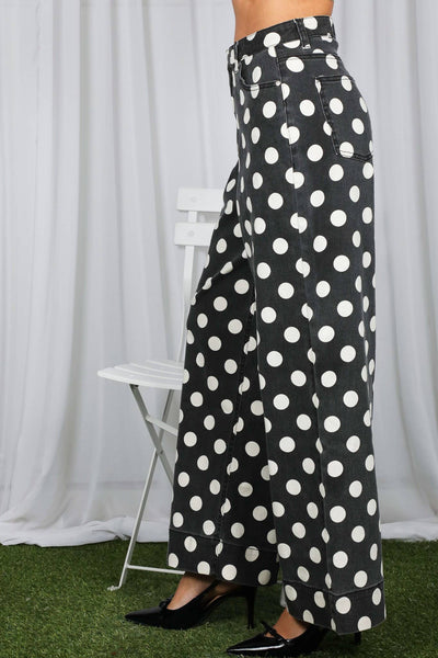 Polka Dot Straight Leg Cotton Denim Span Pants VP83369B: Brown / S