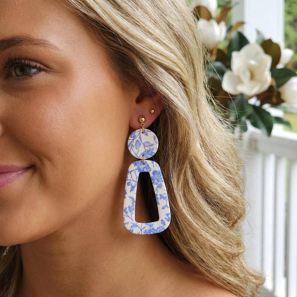 Blue Chinoiserie Polymer Clay Toile Dangle Earrings: 2