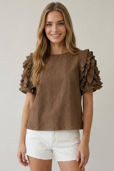 DIAMONT TEXTURED RUFFLE PUFF SLEEVE TOP - 46027T-1: COFFEE / Contemporary / S