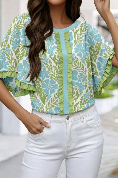 Shirt-Floral Print Frill Trim Blouse & Series |Sky Blue / L