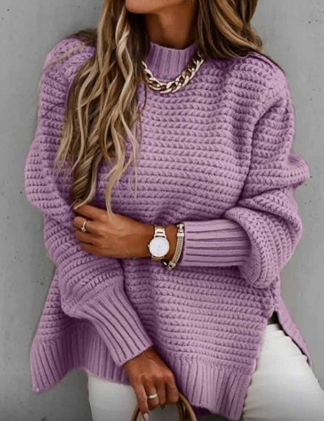 Ladies Solid Color Pullover Side Split Long Sleeves Sweater: Khaki / S