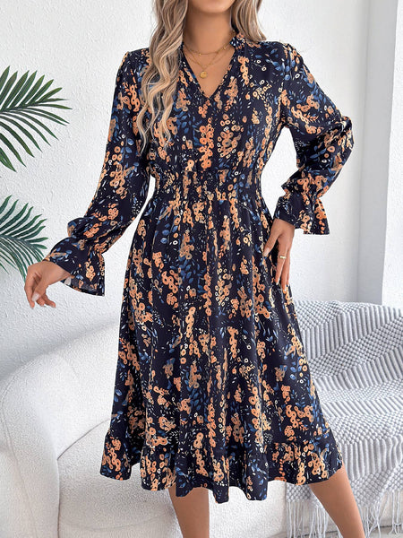 Floral Print Smocked Waist Long Sleeve Midi Dress: Green / XL