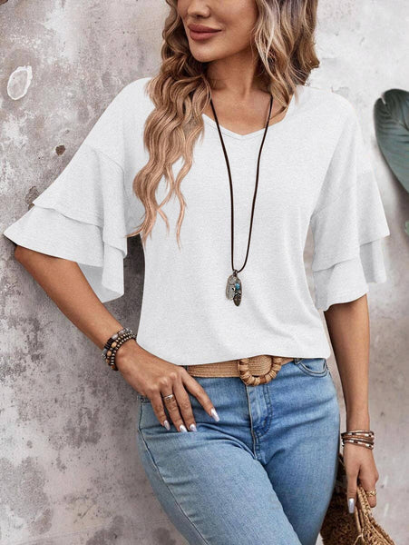 Womens Flutter Sleeve V Neck Summer Casual Blouse Top: Brown / 65%Rayon + 35%Polyester / S