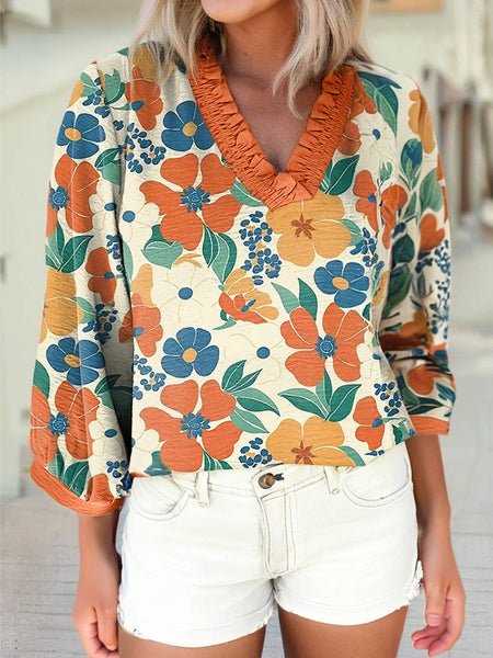 Frilled V Neck Floral Print Bracelet Sleeve Blouse: Orange