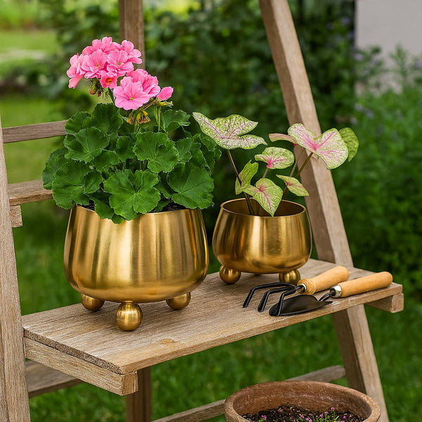 Plant Pot Set of 2 - Gold Metal Round with Ball Feet, 9/11in