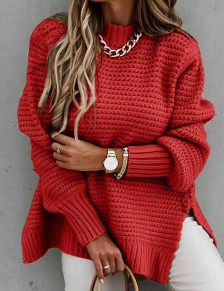 Ladies Solid Color Pullover Side Split Long Sleeves Sweater: Red / S