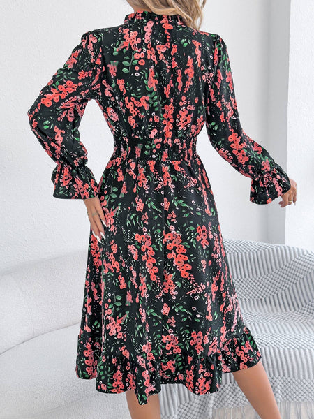 Floral Print Smocked Waist Long Sleeve Midi Dress: Green / XL