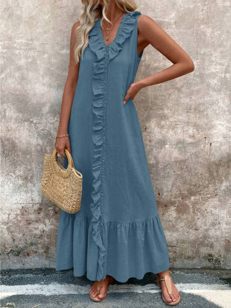 Solid-colored cotton V-neck loose wide-hem dress: DARKBLUE / (L) 1