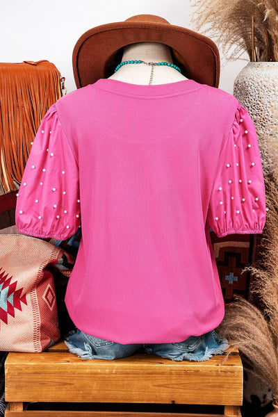 Fashion St. Patrick's Ribbed Pearl Beaded Puff Sleeve Top: Green / Missy / S