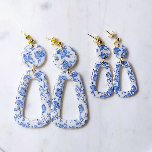 Blue Chinoiserie Polymer Clay Toile Dangle Earrings: 2