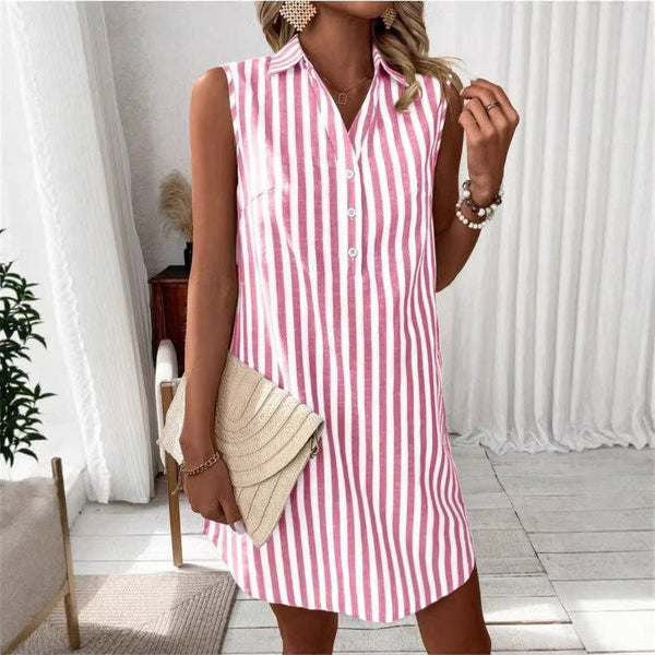 Sleeveless V Neck Button Down Striped Shirt Dress: Claret / S