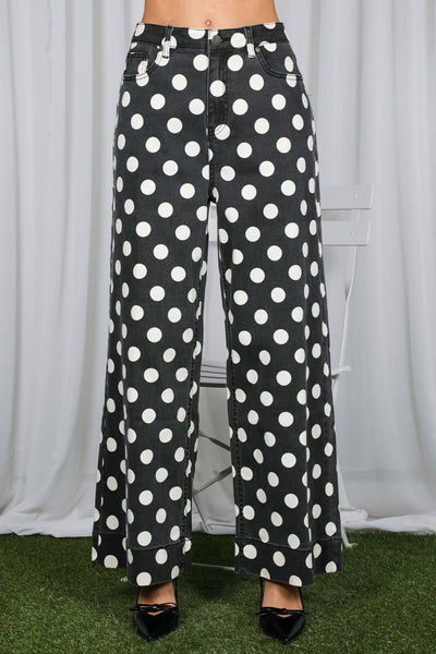Polka Dot Straight Leg Cotton Denim Span Pants VP83369B: Brown / L