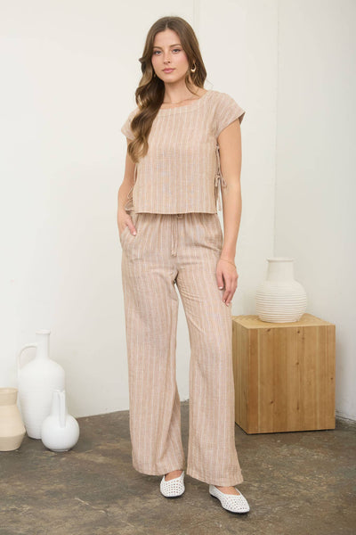 STRIPE LINEN SIDE TIE DETAIL SHORT SLEEVE TOP : NAVY