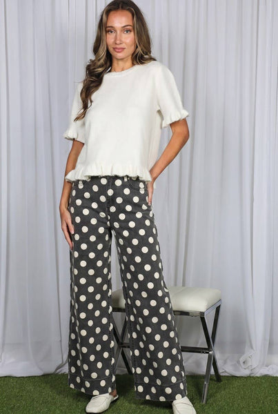 Polka Dot Straight Leg Cotton Denim Span Pants VP83369B: Brown / M