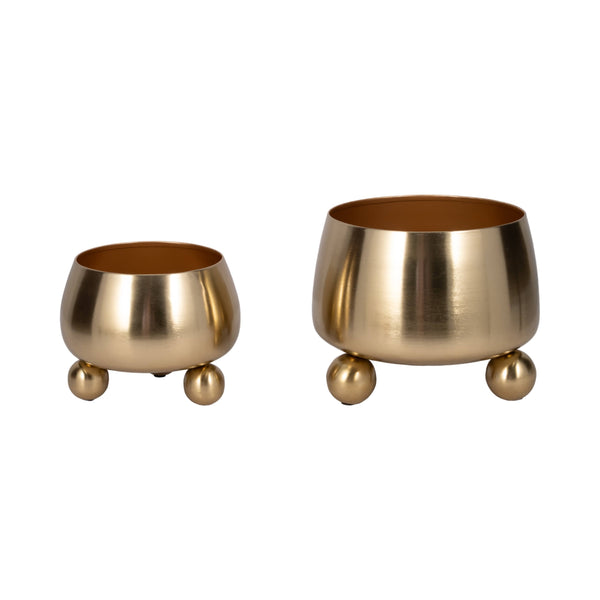 Plant Pot Set of 2 - Gold Metal Round with Ball Feet, 9/11in