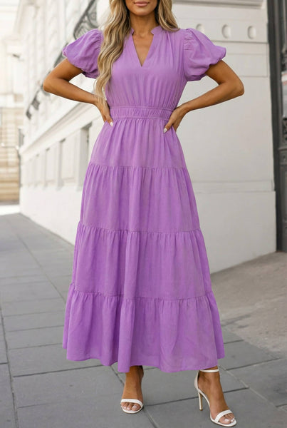 Solid V Neck Short Puff Sleeve Tiered Maxi Dress | S-XL: Bright Green / XL
